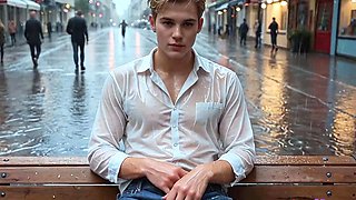 Pretty boy takes deep anal pounding on wet asphalt in public