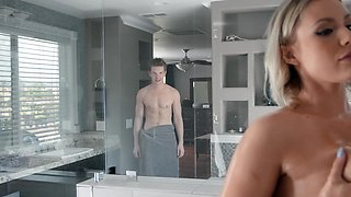 Finger-licking blonde takes a shower then BF comes to bang her hard