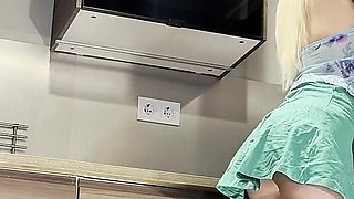 Big Tits Hot Petite Blonde New Wife in See Through Top Braless in the Kitchen Shows Pussy and Her Naked Big Ass