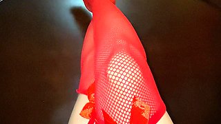 Really Sexy Legs with Tiny Sexy Asian Feet with Long Toes Red Stockings