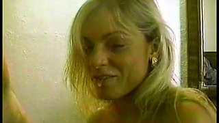 Tanned vintage MILF with hairy pussy gets facial after pussy fucking