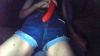 Stroking myself in denim shorts with my first toy