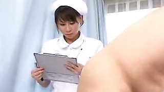 Japan nurses examine patents anus while pumping cock