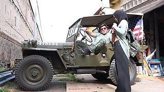 A horny soldier groped a petite woman in a hijab