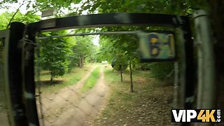 Vip4k. stunner with pierced nips and tattoos screws in the woods