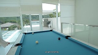 Young beauty shares intense pool table passion