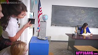 Lesbian teen BFFs fingering their hot tied teacher