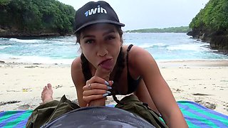 Wild sex on the beach! Hot brunette with pigtails, Huge