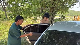 I take advantage of the fact that my friend's wife is a slut and I end up fucking her in the middle of nowhere while my friend is going out.