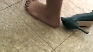 Drunk woman shoeplay.