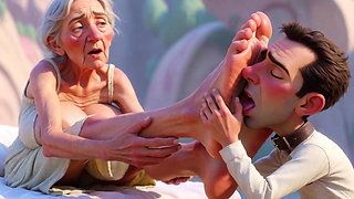 Giantess Old Granny Foot Slave Worship - Tiny Man Licking Her Giant Feet