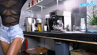 Ebony Teen Barista with Perfect Ass and Big Tits Masturbates at Work