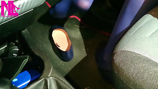 Dangling in Blue Pantyhose and Blue Flats on a Gas Station