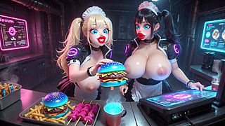 Two Cute Women Working at Cyberpunk Corner, Ai Animation