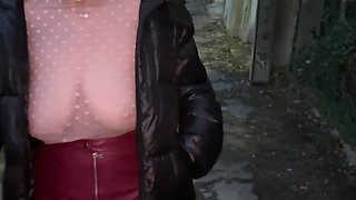 Slut with Ball Gag Outdoors: Sheer Top Big Tits and Leather Mini Skirt