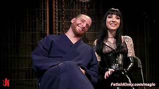 Vicious tattooed femdom torments bound man