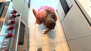 Busty neighbor gets a kitchen creampie for an egg