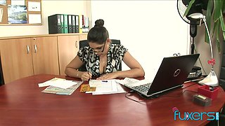 Whorish secretary and sex-hungry book keeper fuck each other on the boss's table
