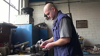 Strict brunette boss in glasses gets brutally analfucked by bald headed worker