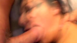 Four horny guys stuff every hole on this horny brunette slut