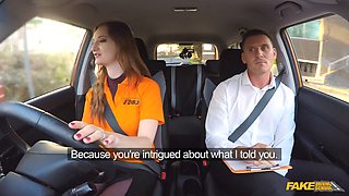 British Redhead with big tits & a high-pitched voice gets a sticky cumshot on her hairy pussy in Fake Driving School