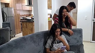 My stepmom sucks my cock on the stairs while my stepsister is distracted