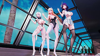 [mmd]thor, Shen He, Dumb Goose Bunny Girl, Jk Uniform, Swimsuit, Miniskirt, Black Stockings, White Stockings, Huge Breasts