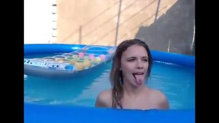 College chick with small boobs gets fucked in the pool