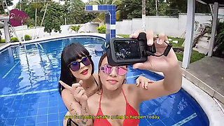 Stepsisters' Tanning Day Ends in Double Masturbation with Big Dildos Next to the Pool