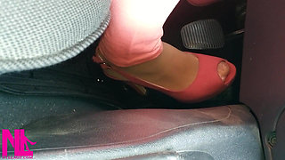 Revving and Handjob to Gear Stick in Nude Nylons and Pink Peeptoed High Heels