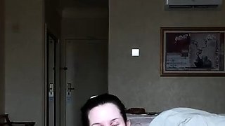 Busty curly brunette with big boobs fucks on couch