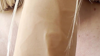 Blonde MILF Big Oiled Tits Nipple Play Sloppy Dildo Blowjob and Cum in Mouth