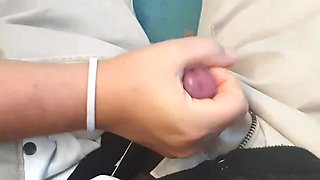 Teen plays with pussy and does risky public handjob on train POV