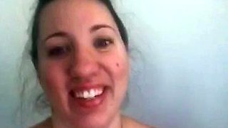 Busty curly brunette with big boobs fucks on couch