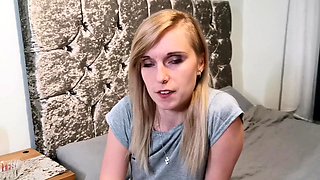 Blonde Housewife with big boobs masturbates with huge dildo