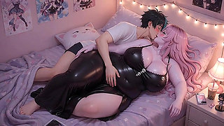 BBW Pink Hair Anime Girl Playing with Huge Tits on Bed