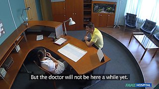 Hot nurse gets fucked over the receptionist desk - faux polyclinic