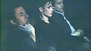 Skinny white European brunette whore pleases a bunch of men