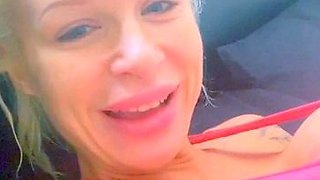 Non stop blonde with big boobs cock jerks off on the bed