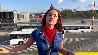 Colombian Abella Olsen as Stewardess Performs Gagging Blowjob for Suitor at Airport, Endures Rough