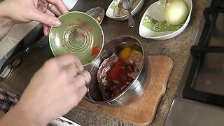 Sexy Blonde MILF Cooks Naked in Kitchen - No Panties, No Bra - Handjob, Big Natural Tits & Hairy Pussy