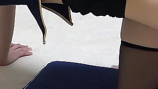 Busty Flight Attendant's Room, Girl in Japanese Apartment in Miniskirt Flight Attendant Uniform, Thong Panties, Black Stockings