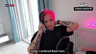 Hentai Cosplay Courier Rubs to Squirt on Pizza Delivery
