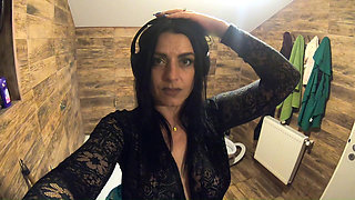 Bathroom Toilet Fetish. Lace Robe Dirty Talk and Shiny Dress Pee Close up