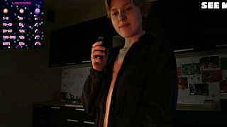 College Lesbian Teases Erotically in Open Hoodie Kitchen Cam