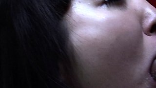 Asian school girl sucking hard on the fat dong