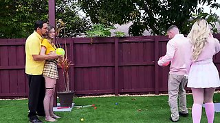 Stepdads Swap Gaming Stepdaughters in Wild Backyard Fuckfest