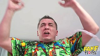 Faux hostel - after edging with two curvy girls a guys pulsing balls shoot a waterfall of jizz