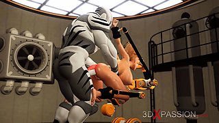 Hot blonde in restraints in the sci-fi lab fucked by monster