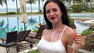 Milking & Getting Messy in See-through Bodysuit Outdoor